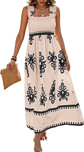 Boho Sommerkleid Damen Lange A Linien Elegant Ärmellos Strandkleid Gesmoktes Cami Kleid Urlaubs Freizeitkleid Locker Lässig Midikleid Fließendes Leicht Luftig Casual Wickelkleid Silvester Outfit von Gienslru