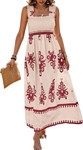 Boho Sommerkleid Damen Lange A Linien Elegant Ärmellos Strandkleid Gesmoktes Cami Kleid Urlaubs Freizeitkleid Locker Lässig Midikleid Fließendes Leicht Luftig Casual Wickelkleid Silvester Outfit von Gienslru