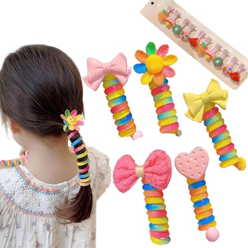 Colorful Telephone Wire Hair Bands for Kids, Phone Cord Straight Spiral Hair Ties, Waterproof and Stylish Hair Coils for Girls, Bowknot Braided Telephone Wire Hair Bands (5pcs-G) von Gienslru
