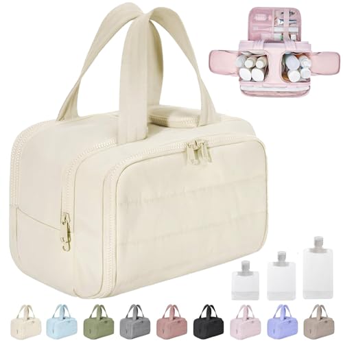 Cureaway Travel Cosmetic Bag, Curetoaway Large Capacity Wide-Open Travel Cosmetic Bag, 4-In-1 Puffy Multi-Functional Toiletry Bag for Women, Dry-and-Wet Separation with 4 Compartments (Beige) von Gienslru