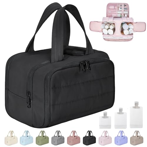 Cureaway Travel Cosmetic Bag, Curetoaway Large Capacity Wide-Open Travel Cosmetic Bag, 4-In-1 Puffy Multi-Functional Toiletry Bag for Women, Dry-and-Wet Separation with 4 Compartments (Black) von Gienslru