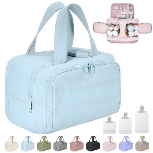 Cureaway Travel Cosmetic Bag, Curetoaway Large Capacity Wide-Open Travel Cosmetic Bag, 4-In-1 Puffy Multi-Functional Toiletry Bag for Women, Dry-and-Wet Separation with 4 Compartments (Blue) von Gienslru