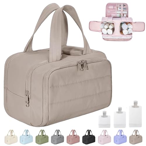 Cureaway Travel Cosmetic Bag, Curetoaway Large Capacity Wide-Open Travel Cosmetic Bag, 4-In-1 Puffy Multi-Functional Toiletry Bag for Women, Dry-and-Wet Separation with 4 Compartments (Brown) von Gienslru