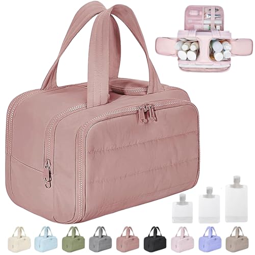 Cureaway Travel Cosmetic Bag, Curetoaway Large Capacity Wide-Open Travel Cosmetic Bag, 4-In-1 Puffy Multi-Functional Toiletry Bag for Women, Dry-and-Wet Separation with 4 Compartments (Dark Pink) von Gienslru