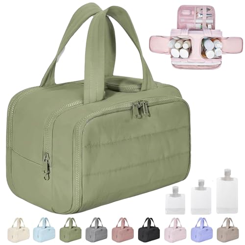 Cureaway Travel Cosmetic Bag, Curetoaway Large Capacity Wide-Open Travel Cosmetic Bag, 4-In-1 Puffy Multi-Functional Toiletry Bag for Women, Dry-and-Wet Separation with 4 Compartments (Green) von Gienslru
