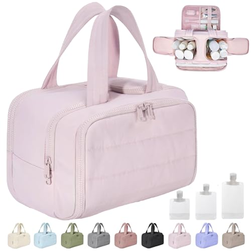 Cureaway Travel Cosmetic Bag, Curetoaway Large Capacity Wide-Open Travel Cosmetic Bag, 4-In-1 Puffy Multi-Functional Toiletry Bag for Women, Dry-and-Wet Separation with 4 Compartments (Pink) von Gienslru