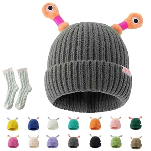 Cute Glowing Little Monster Knit Hat, Funny Cute Glowing Monster Knitted Winter Beanie Hat, Kids Winter hat (DE/NL/SE/PL, Alter, Einheitsgröße, Grey) von Gienslru