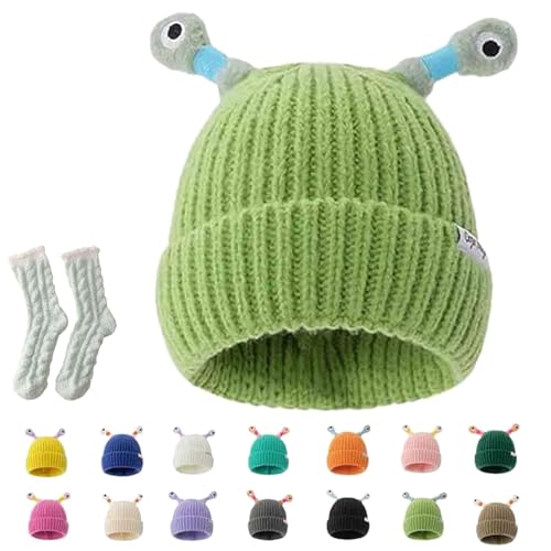 Cute Glowing Little Monster Knit Hat, Funny Cute Glowing Monster Knitted Winter Beanie Hat, Kids Winter hat (DE/NL/SE/PL, Alter, Einheitsgröße, Light Green) von Gienslru