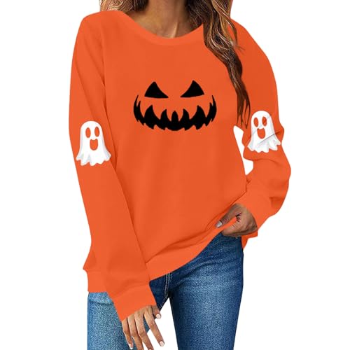 Damen Halloween Pullover Kürbis Süße Rundhals Langarmpullover Sweatshirts ohne Kapuze Sweater Lockerer Festival Oberteil Party Casual Sweatshirt Hoodies Pulli Herbst Kostüm Streetwear Tops Y2k von Gienslru