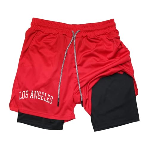 Gienslru Badehose Jogginghose Herren Los Angeles Schriftzug Druck Laufshorts 2 in 1 Shorts Gym Schnelltrocknend Badeshorts Swim Short Schwimmhosemit Verstellbarem Tunnelzug von Gienslru