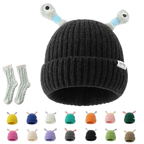 Gienslru Cute Glowing Little Monster Knit Hat, Funny Cute Glowing Monster Knitted Winter Beanie Hat, Kids Winter hat (DE/NL/SE/PL, Alter, Einheitsgröße, Black) von Gienslru