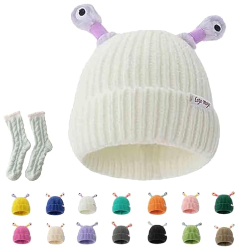 Gienslru Cute Glowing Little Monster Knit Hat, Funny Cute Glowing Monster Knitted Winter Beanie Hat, Kids Winter hat (DE/NL/SE/PL, Alter, Einheitsgröße, White) von Gienslru