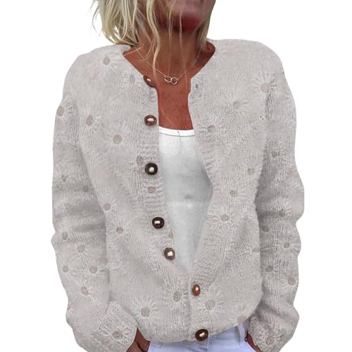 Gienslru Damen Strickjacke Kurz Trachten übergangsjacke Bedruckte Grobstrickjacke Longstrickjacke Casual Damenstrickjacke Ugly Christmas Sweater Strick Oberteil mit Knopfleiste Herbst Jacken von Gienslru