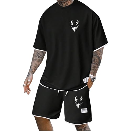 Gienslru Herren Sommer Set Trainingsanzug mit Kurzarmshirt und Sport Short Outfit Locker Rundhals T-shirt und Kurze Hose 2 Teiler Leichte Freizeitanzug Luftig Sportanzug von Gienslru