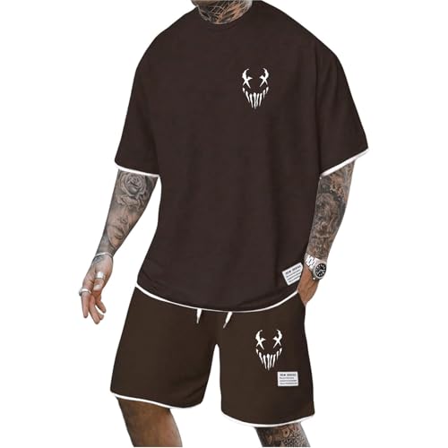 Gienslru Herren Sommer Set Trainingsanzug mit Kurzarmshirt und Sport Short Outfit Locker Rundhals T-shirt und Kurze Hose 2 Teiler Leichte Freizeitanzug Luftig Sportanzug von Gienslru