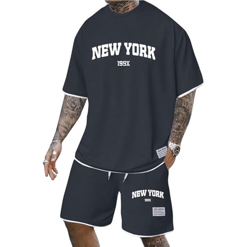 Gienslru Herren Sommer Set Trainingsanzug mit Kurzarmshirt und Sport Short Outfit Locker Rundhals T-shirt und Kurze Hose 2 Teiler Leichte Freizeitanzug Luftig Sportanzug von Gienslru