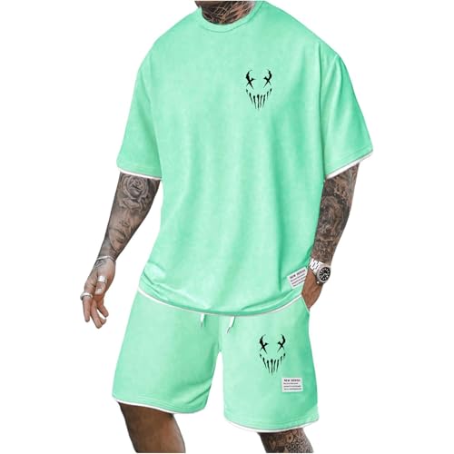 Gienslru Herren Trainingsanzug Set mit Musterdruck Freizeitanzüge Rundhals T-Shirt + Kurze Hose Hawaii Jogginganzug Locker Sportanzug 2 Teiliges Outfit Strand Sommeranzug von Gienslru
