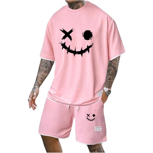 Gienslru Herren Trainingsanzug Set mit Musterdruck Freizeitanzüge Rundhals T-Shirt + Kurze Hose Hawaii Jogginganzug Locker Sportanzug 2 Teiliges Outfit Strand Sommeranzug von Gienslru