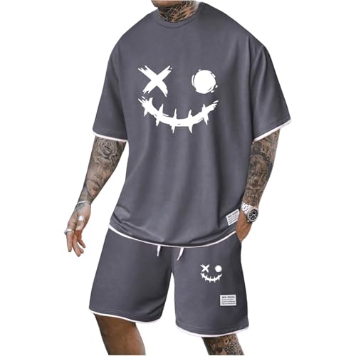 Gienslru Herren Trainingsanzug Set mit Musterdruck Freizeitanzüge Rundhals T-Shirt + Kurze Hose Hawaii Jogginganzug Locker Sportanzug 2 Teiliges Outfit Strand Sommeranzug von Gienslru