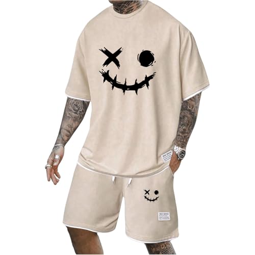 Gienslru Herren Trainingsanzug Set mit Musterdruck Freizeitanzüge Rundhals T-Shirt + Kurze Hose Hawaii Jogginganzug Locker Sportanzug 2 Teiliges Outfit Strand Sommeranzug von Gienslru