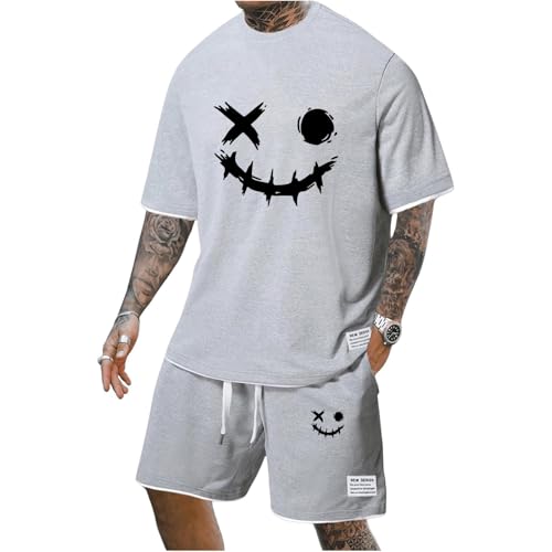 Gienslru Herren Trainingsanzug Set mit Musterdruck Freizeitanzüge Rundhals T-Shirt + Kurze Hose Hawaii Jogginganzug Locker Sportanzug 2 Teiliges Outfit Strand Sommeranzug von Gienslru