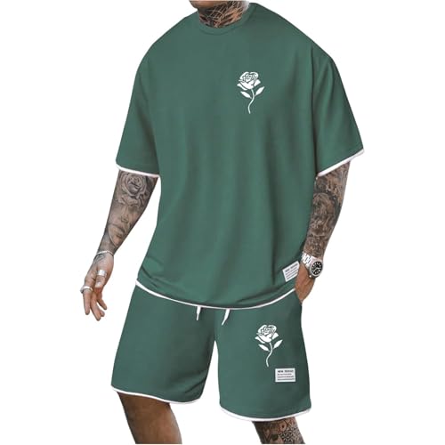 Gienslru Herren Trainingsanzug Sommer Jogginganzug Set 2 Piece Freizeit Bequeme Sportanzug Modische Drucke Tracksuit Hawaii Outfit Strand T-Shirt + Kurze Hose Baggy Männer Freizeitanzug von Gienslru