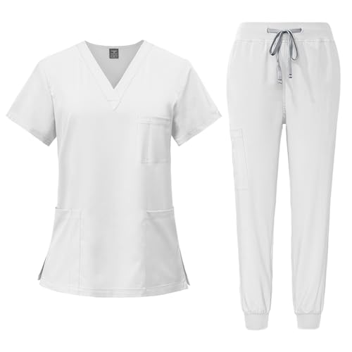 Gienslru Kasack Damen 2-Teiliges Set Unisex Schlupfkasack Outfit Pflege Kleidung Medizinische Uniform V-Ausschnitt Kurzarm T-Shirts + Hosen Arbeitsuniform Atmungsaktives Blusen Berufsbekleidung von Gienslru