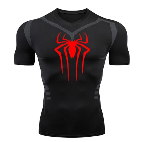 Gienslru Kompressionsshirt Herren Spider Print Schnell Trocknendes Gym Lauftrikot Atmungsaktiv Kurzarm für Junge Frühling Sommer Bodybuilding Modisch Workout Sportbekleidung von Gienslru