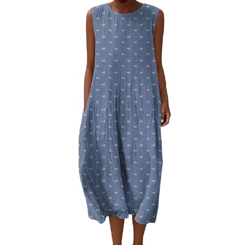 Gienslru Musselin Kleid Damen Sommer Maxi Sommerkleid Falten Leinen Ärmellos Bedruckt Musselinkleid Freizeit Midikleid Elegant Freizeitkleid Luftige Strandkleid Baumwolle Große Größen mit Taschen von Gienslru