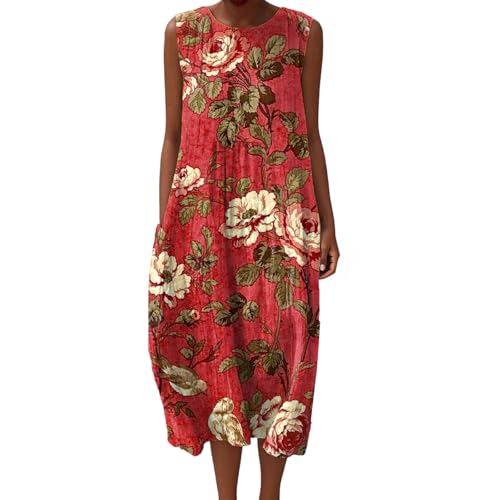 Gienslru Musselin Kleid Damen Sommer Maxi Sommerkleid Falten Leinen Ärmellos Bedruckt Musselinkleid Freizeit Midikleid Elegant Freizeitkleid Luftige Strandkleid Baumwolle Große Größen mit Taschen von Gienslru