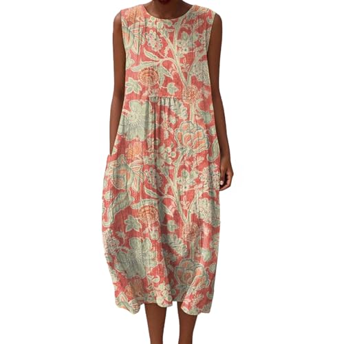 Gienslru Musselin Kleid Damen Sommer Maxi Sommerkleid Falten Leinen Ärmellos Bedruckt Musselinkleid Freizeit Midikleid Elegant Freizeitkleid Luftige Strandkleid Baumwolle Große Größen mit Taschen von Gienslru