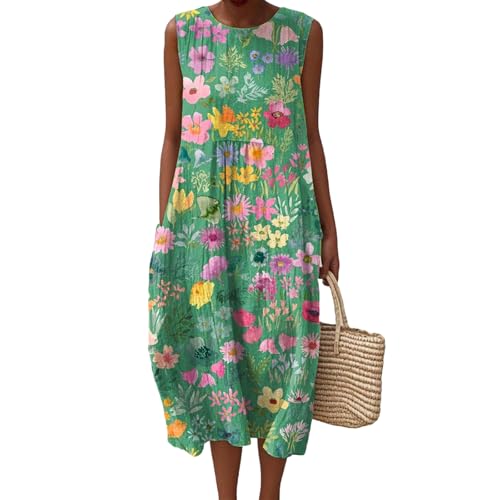 Gienslru Musselin Kleid Damen Sommer Maxi Sommerkleid Falten Leinen Ärmellos Bedruckt Musselinkleid Freizeit Midikleid Elegant Freizeitkleid Luftige Strandkleid Baumwolle Große Größen mit Taschen von Gienslru
