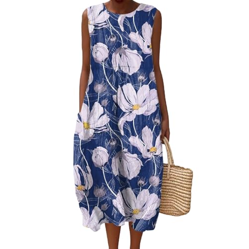 Gienslru Musselin Kleid Damen Sommer Maxi Sommerkleid Falten Leinen Ärmellos Bedruckt Musselinkleid Freizeit Midikleid Elegant Freizeitkleid Luftige Strandkleid Baumwolle Große Größen mit Taschen von Gienslru