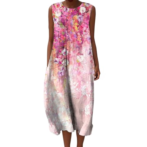Gienslru Musselin Kleid Damen Sommer Maxi Sommerkleid Falten Leinen Ärmellos Bedruckt Musselinkleid Freizeit Midikleid Elegant Freizeitkleid Luftige Strandkleid Baumwolle Große Größen mit Taschen von Gienslru