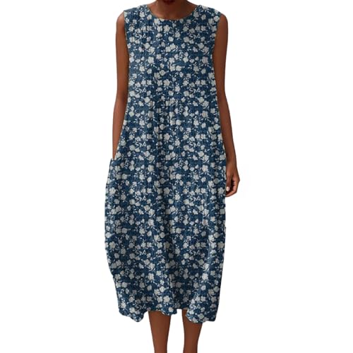Gienslru Musselin Kleid Damen Sommer Maxi Sommerkleid Falten Leinen Ärmellos Bedruckt Musselinkleid Freizeit Midikleid Elegant Freizeitkleid Luftige Strandkleid Baumwolle Große Größen mit Taschen von Gienslru