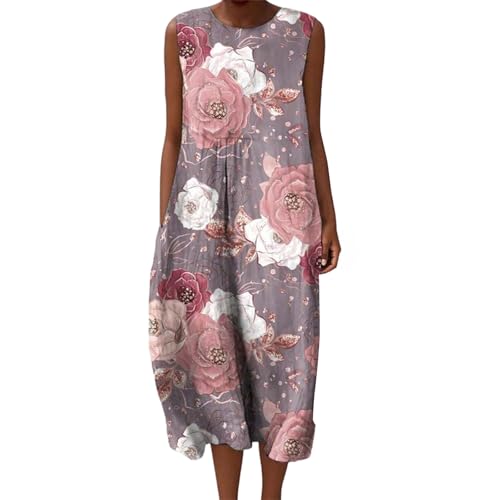 Gienslru Musselin Kleid Damen Sommer Maxi Sommerkleid Falten Leinen Ärmellos Bedruckt Musselinkleid Freizeit Midikleid Elegant Freizeitkleid Luftige Strandkleid Baumwolle Große Größen mit Taschen von Gienslru