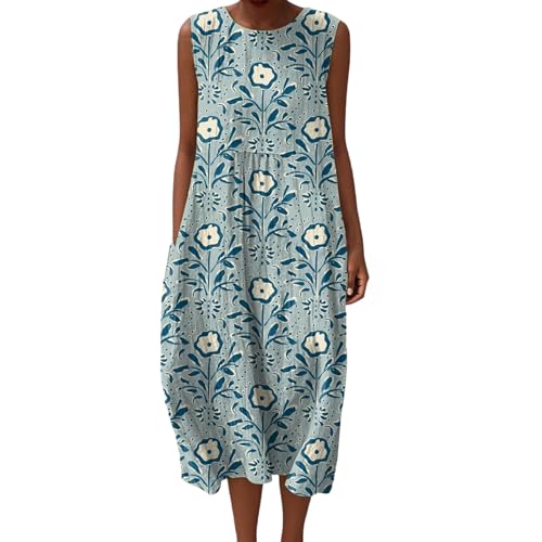 Gienslru Musselin Kleid Damen Sommer Maxi Sommerkleid Falten Leinen Ärmellos Bedruckt Musselinkleid Freizeit Midikleid Elegant Freizeitkleid Luftige Strandkleid Baumwolle Große Größen mit Taschen von Gienslru
