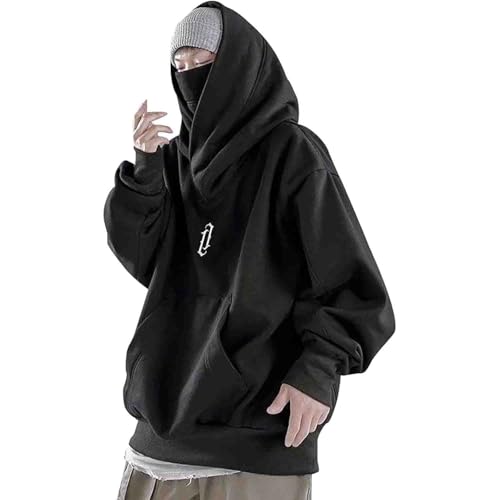 Gienslru Ninja Hoodie Herren mit Kapuze Y2k Neckline Hoody Techwear Techwear Japan Harajuku Style Fleece Rollkragenpullover Sweatshirt Oversize Gefüttert Dicker Hip Hop Kapuzenpullover Retro-Straße von Gienslru