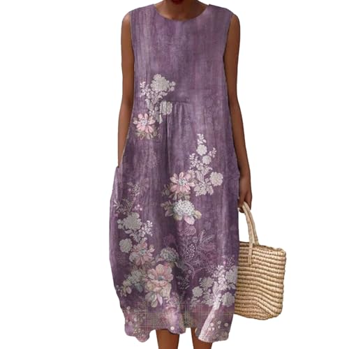 Gienslru Sommerkleid Damen Lang Leinenkleider Ärmellos Musselin Kleider Maxikleid Sommerkleider Midikleid Elegant Baumwolle Kleid Boho Freizeitkleid Luftige Strandkleid Große Größen mit Taschen von Gienslru