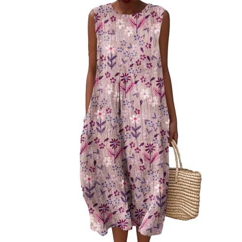 Gienslru Sommerkleid Damen Lang Leinenkleider Ärmellos Musselin Kleider Maxikleid Sommerkleider Midikleid Elegant Baumwolle Kleid Boho Freizeitkleid Luftige Strandkleid Große Größen mit Taschen von Gienslru
