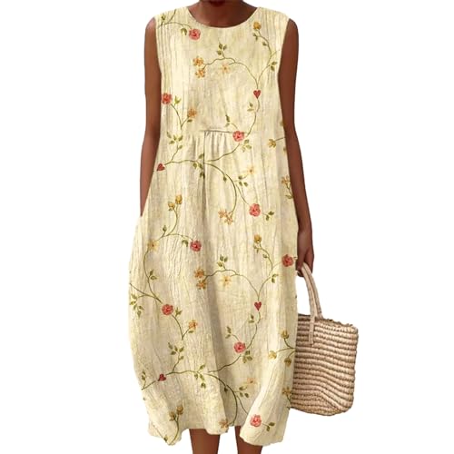 Gienslru Sommerkleid Damen Lang Leinenkleider Ärmellos Musselin Kleider Maxikleid Sommerkleider Midikleid Elegant Baumwolle Kleid Boho Freizeitkleid Luftige Strandkleid Große Größen mit Taschen von Gienslru