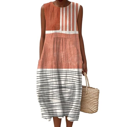 Gienslru Sommerkleid Damen Lang Leinenkleider Ärmellos Musselin Kleider Maxikleid Sommerkleider Midikleid Elegant Baumwolle Kleid Boho Freizeitkleid Luftige Strandkleid Große Größen mit Taschen von Gienslru