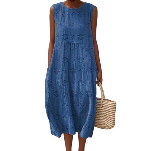 Gienslru Sommerkleid Damen Lang Leinenkleider Ärmellos Musselin Kleider Maxikleid Sommerkleider Midikleid Elegant Baumwolle Kleid Boho Freizeitkleid Luftige Strandkleid Große Größen mit Taschen von Gienslru