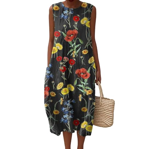 Gienslru Sommerkleider Damen Musselin Kleid Sommer Ärmellos Leinenkleider Blumendruck Sommerkleid Luftige Freizeit Midikleid Baumwolle Maxikleid Freizeitkleider Boho Strandkleid Lang mit Taschen von Gienslru