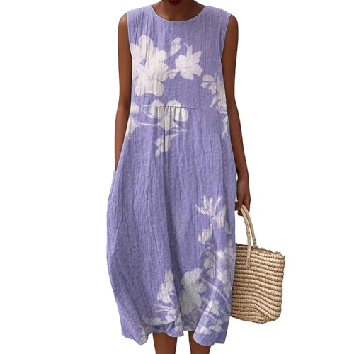 Gienslru Sommerkleider Musselin Kleid Damen Ärmellos Leinenkleider Sommer Blumendruck Sommerkleid Luftige Freizeit Midikleid Baumwolle Maxikleid Elegant Freizeitkleid Lang Strandkleid mit Taschen von Gienslru