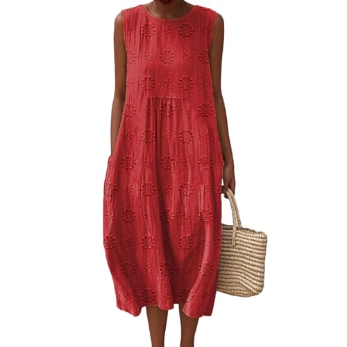 Gienslru Sommerkleider Musselin Kleid Damen Ärmellos Leinenkleider Sommer Blumendruck Sommerkleid Luftige Freizeit Midikleid Baumwolle Maxikleid Elegant Freizeitkleid Lang Strandkleid mit Taschen von Gienslru