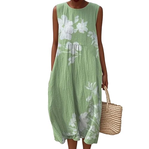 Gienslru Sommerkleider Musselin Kleid Damen Ärmellos Leinenkleider Sommer Blumendruck Sommerkleid Luftige Freizeit Midikleid Baumwolle Maxikleid Elegant Freizeitkleid Lang Strandkleid mit Taschen von Gienslru