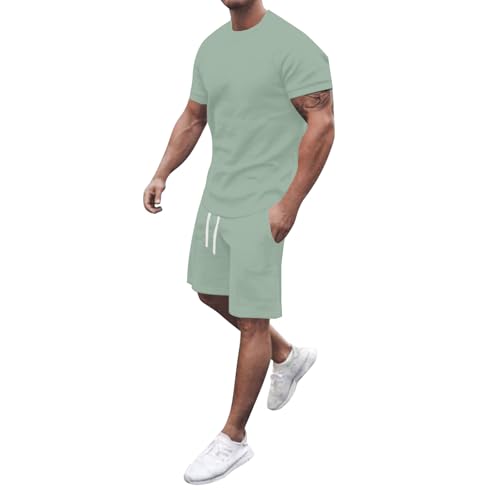 Gienslru Trainingsanzug Herren Sommer 2 Teiler Einfarbig Jogginganzüge Set Streatwear Zweiteiler Outfit Lässiger Rundhals Freizeitanzug Hausanzug Activewear Sport Tracksuit von Gienslru