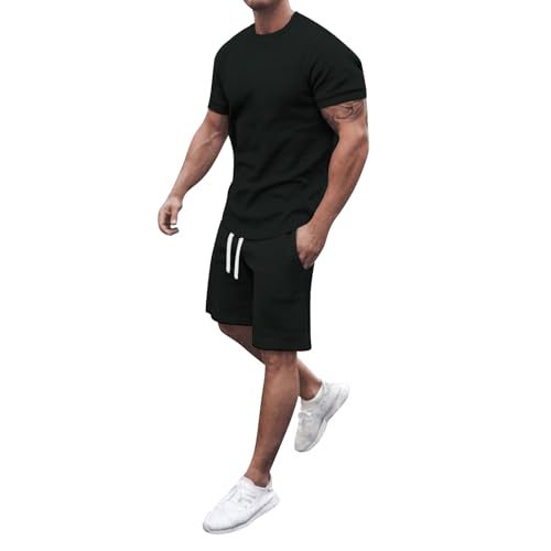 Gienslru Trainingsanzug Herren Sommer 2 Teiler Einfarbig Jogginganzüge Set Streatwear Zweiteiler Outfit Lässiger Rundhals Freizeitanzug Hausanzug Activewear Sport Tracksuit von Gienslru