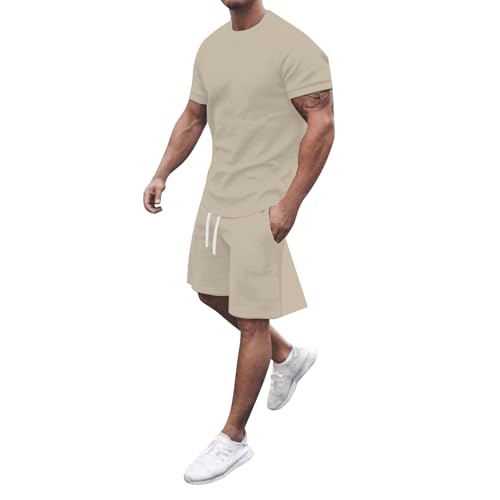 Gienslru Trainingsanzug Herren Sommer 2 Teiler Einfarbig Jogginganzüge Set Streatwear Zweiteiler Outfit Lässiger Rundhals Freizeitanzug Hausanzug Activewear Sport Tracksuit von Gienslru